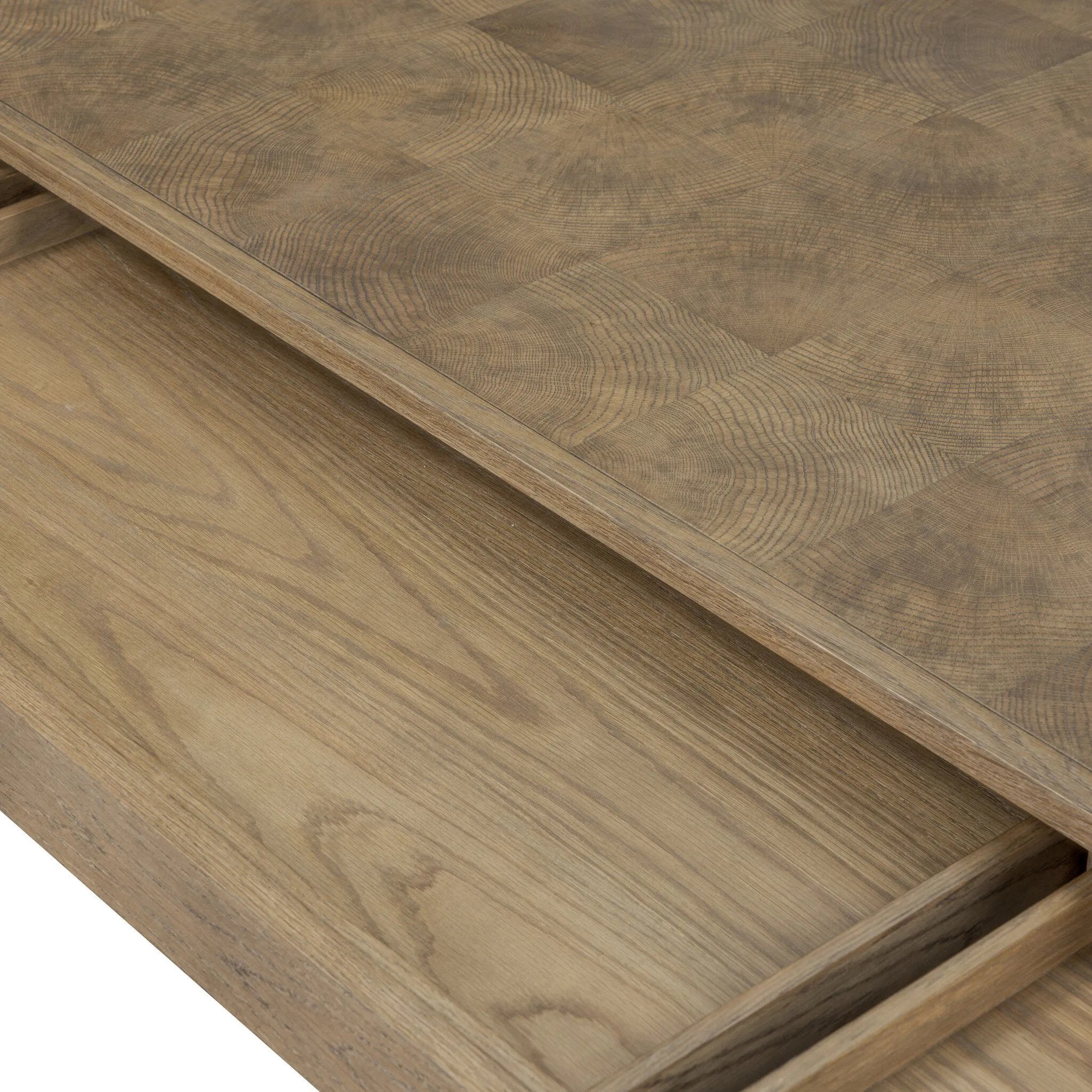 This desk’s simple frame showcases warm brown solid oak with an oyster cut grid pattern on the top and sides. Three drawers create space for office supplies and more.As fans of luxe aesthetics at Amethyst, we love the warm modern inspired Salta Desk - Brown Oak Thick Veneer. Amethyst Home provides interior design, new home construction design consulting, vintage area rugs, and lighting in the Park City metro area.