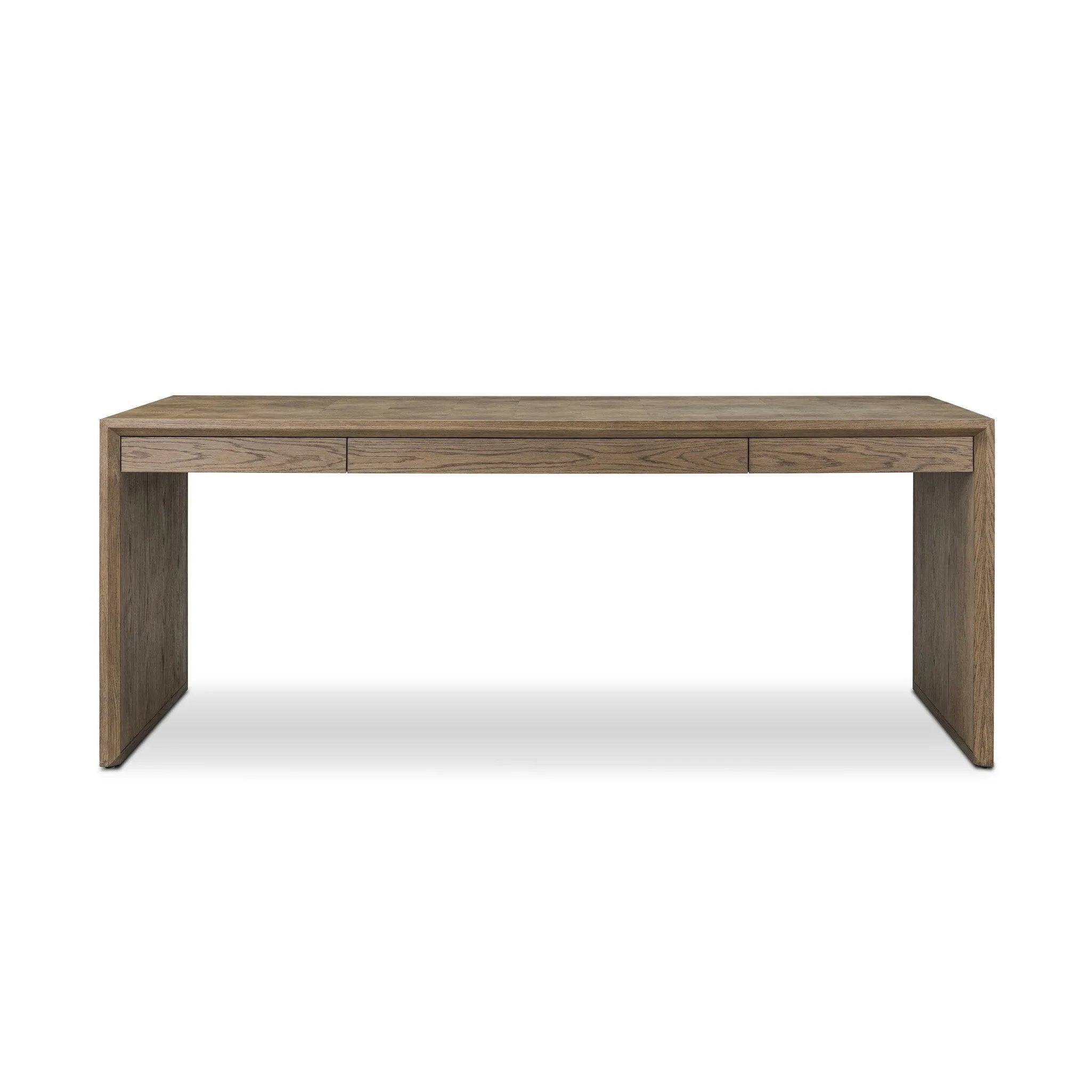 This desk’s simple frame showcases warm brown solid oak with an oyster cut grid pattern on the top and sides. Three drawers create space for office supplies and more.As fans of luxe aesthetics at Amethyst, we love the warm modern inspired Salta Desk - Brown Oak Thick Veneer. Amethyst Home provides interior design, new home construction design consulting, vintage area rugs, and lighting in the Salt Lake City metro area.