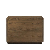 Influenced by contemporary design, this nightstand’s simple frame showcases thick brown oak veneer with a tiled oyster cut pattern on the insert panels. Three drawers with minimalist metal pulls offer ample space for bedside essentials. Amethyst Home provides interior design, new home construction design consulting, vintage area rugs, and lighting in the Laguna Beach metro area.