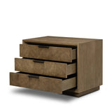 Influenced by contemporary design, this nightstand’s simple frame showcases thick brown oak veneer with a tiled oyster cut pattern on the insert panels. Three drawers with minimalist metal pulls offer ample space for bedside essentials. Amethyst Home provides interior design, new home construction design consulting, vintage area rugs, and lighting in the Miami metro area.