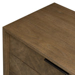 Influenced by contemporary design, this nightstand’s simple frame showcases thick brown oak veneer with a tiled oyster cut pattern on the insert panels. Three drawers with minimalist metal pulls offer ample space for bedside essentials. Amethyst Home provides interior design, new home construction design consulting, vintage area rugs, and lighting in the Nashville metro area.