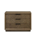 Influenced by contemporary design, this nightstand’s simple frame showcases thick brown oak veneer with a tiled oyster cut pattern on the insert panels. Three drawers with minimalist metal pulls offer ample space for bedside essentials. Amethyst Home provides interior design, new home construction design consulting, vintage area rugs, and lighting in the Scottsdale metro area.