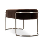Modern vibes, playful shaping. Velvety, cocoa-colored performance fabric pairs with a silver-finished stainless steel frame. Performance fabrics are specially created to withstand spills, stains, high traffic and wear, ensuring long-term comfort and unmatched durability. Amethyst Home provides interior design, new home construction design consulting, vintage area rugs, and lighting in the Los Angeles metro area.