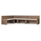 Antique-inspired coastal style. Rattan introduces varying natural shades and texture to this dining bench, and the frame's soft lines and fabric cushion invite a comfortable sit. Option to style alone or pair with other pieces in the collection. A design collaboration by Amber Lewis and Four Hands. Amethyst Home provides interior design, new home construction design consulting, vintage area rugs, and lighting in the Los Angeles metro area.
