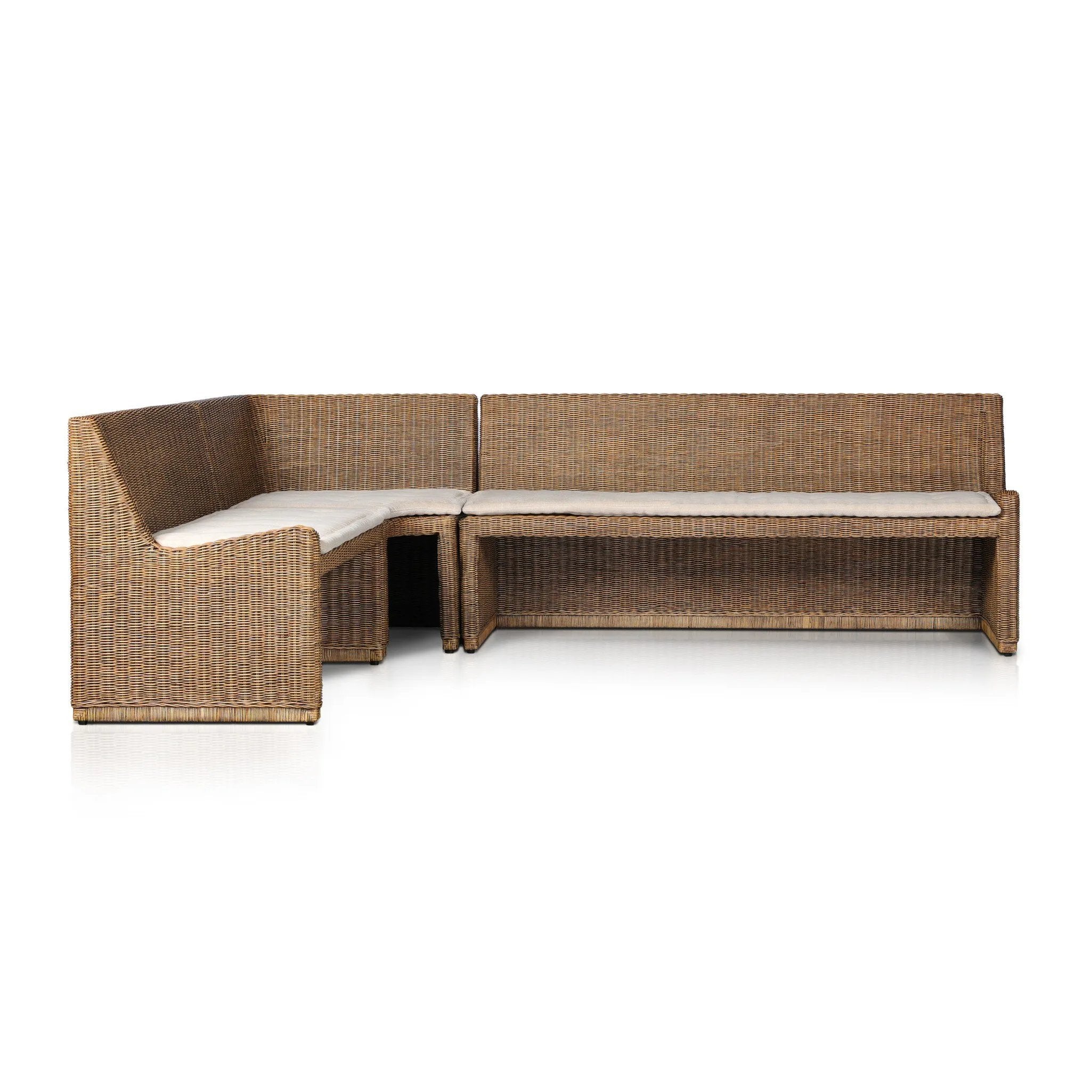 Antique-inspired coastal style. Rattan introduces varying natural shades and texture to this dining bench, and the frame's soft lines and fabric cushion invite a comfortable sit. Option to style alone or pair with other pieces in the collection. A design collaboration by Amber Lewis and Four Hands. Amethyst Home provides interior design, new home construction design consulting, vintage area rugs, and lighting in the Washington metro area.