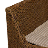 Antique-inspired coastal style. Rattan introduces varying natural shades and texture to this dining bench, and the frame's soft lines and beige and white striped fabric cushion invite a comfortable sit. Option to style alone or pair with other pieces in the collection. A design collaboration by Amber Lewis and Four Hands. Amethyst Home provides interior design, new home construction design consulting, vintage area rugs, and lighting in the Nashville metro area.