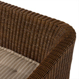 Antique-inspired coastal style. Rattan introduces varying natural shades and texture to this dining bench, and the frame's soft lines and beige and white striped fabric cushion invite a comfortable sit. Option to style alone or pair with other pieces in the collection. A design collaboration by Amber Lewis and Four Hands. Amethyst Home provides interior design, new home construction design consulting, vintage area rugs, and lighting in the Park City metro area.