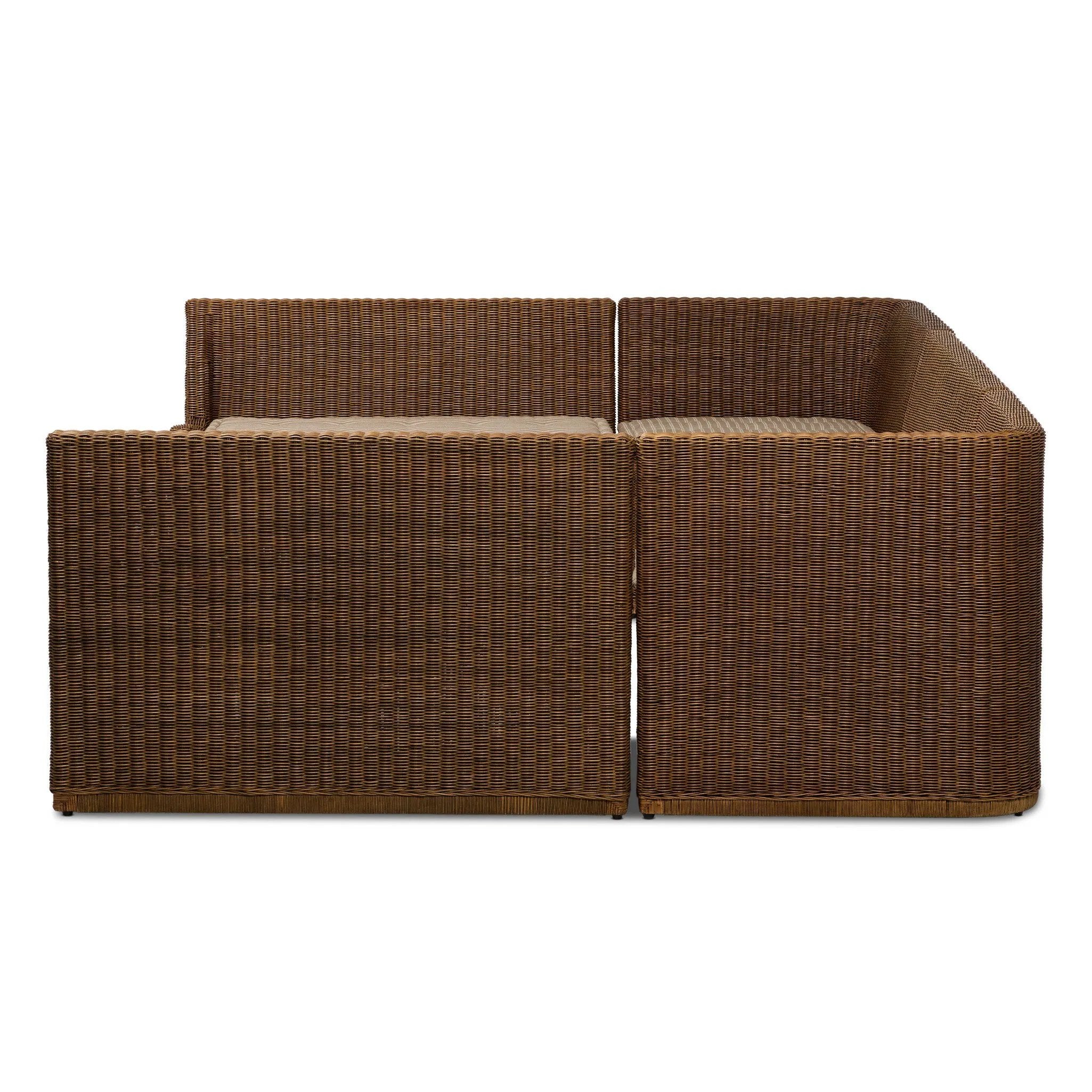 Antique-inspired coastal style. Rattan introduces varying natural shades and texture to this dining bench, and the frame's soft lines and beige and white striped fabric cushion invite a comfortable sit. Option to style alone or pair with other pieces in the collection. A design collaboration by Amber Lewis and Four Hands. Amethyst Home provides interior design, new home construction design consulting, vintage area rugs, and lighting in the Winter Garden metro area.