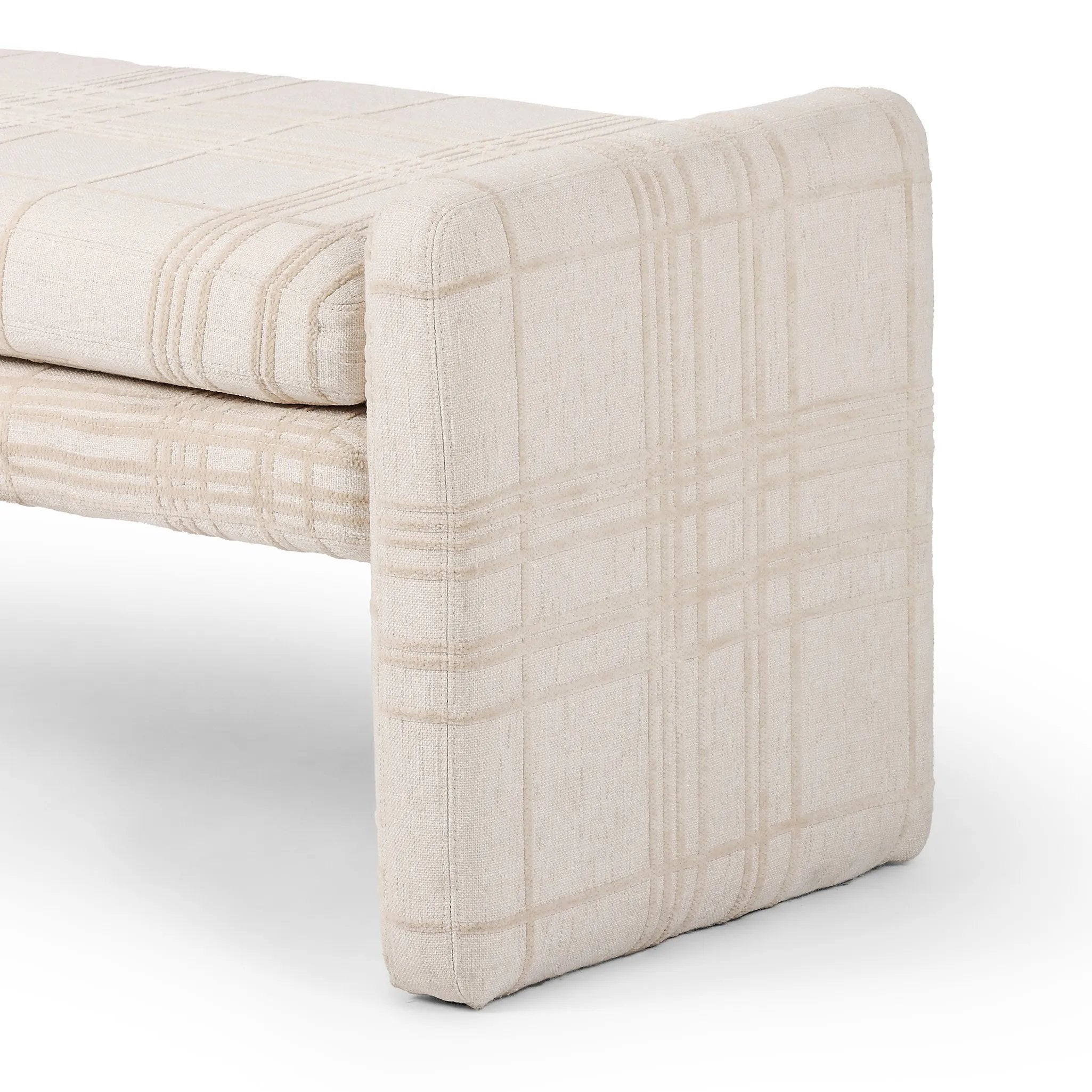 Featuring Serena Sheffield Ivory Accent Bench by Four Hands at Amethyst Home. A traditional ivory fabric with a classic box pattern covers a long, sophisticated dining bench.Overall Dimensions: 70.00"w x 18.00"d x 19.00"hWeight : 48.50 lbsMaterials: 100% Polyester, Poplar Plywood, 90% Polyurethane Foam Pad, 10% Polyester Fiber Batting. Amethyst Home provides interior design, new home construction design consulting, vintage area rugs, and lighting in the Miami metro area.