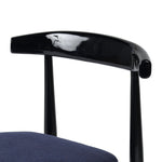 Echoing lacquered seating from another era, this glossy dining chair features mahogany construction, a timeless back, and royal blue upholstery Amethyst Home provides interior design, new home construction design consulting, vintage area rugs, and lighting in the Miami metro area.