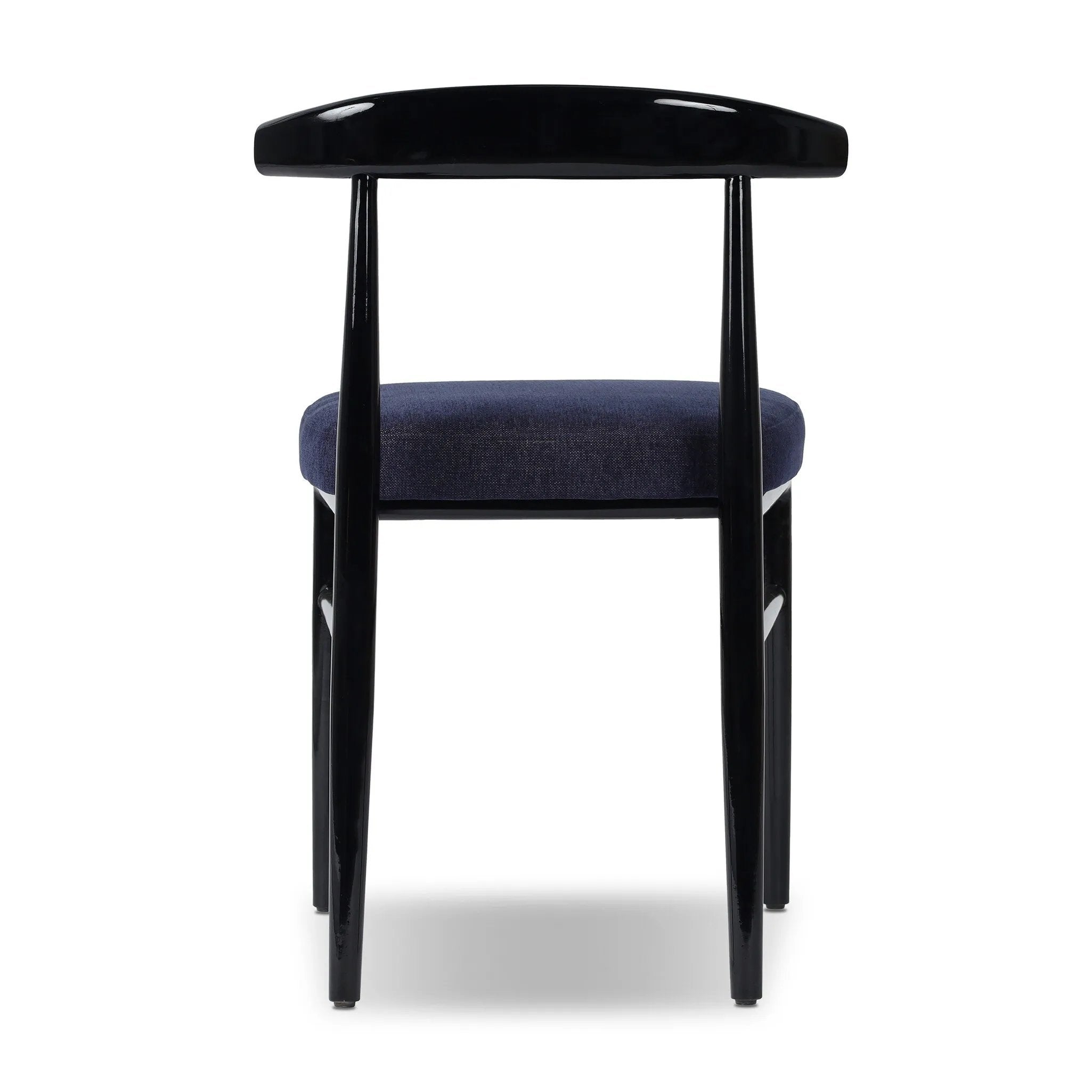 Echoing lacquered seating from another era, this glossy dining chair features mahogany construction, a timeless back, and royal blue upholstery Amethyst Home provides interior design, new home construction design consulting, vintage area rugs, and lighting in the Newport Beach metro area.