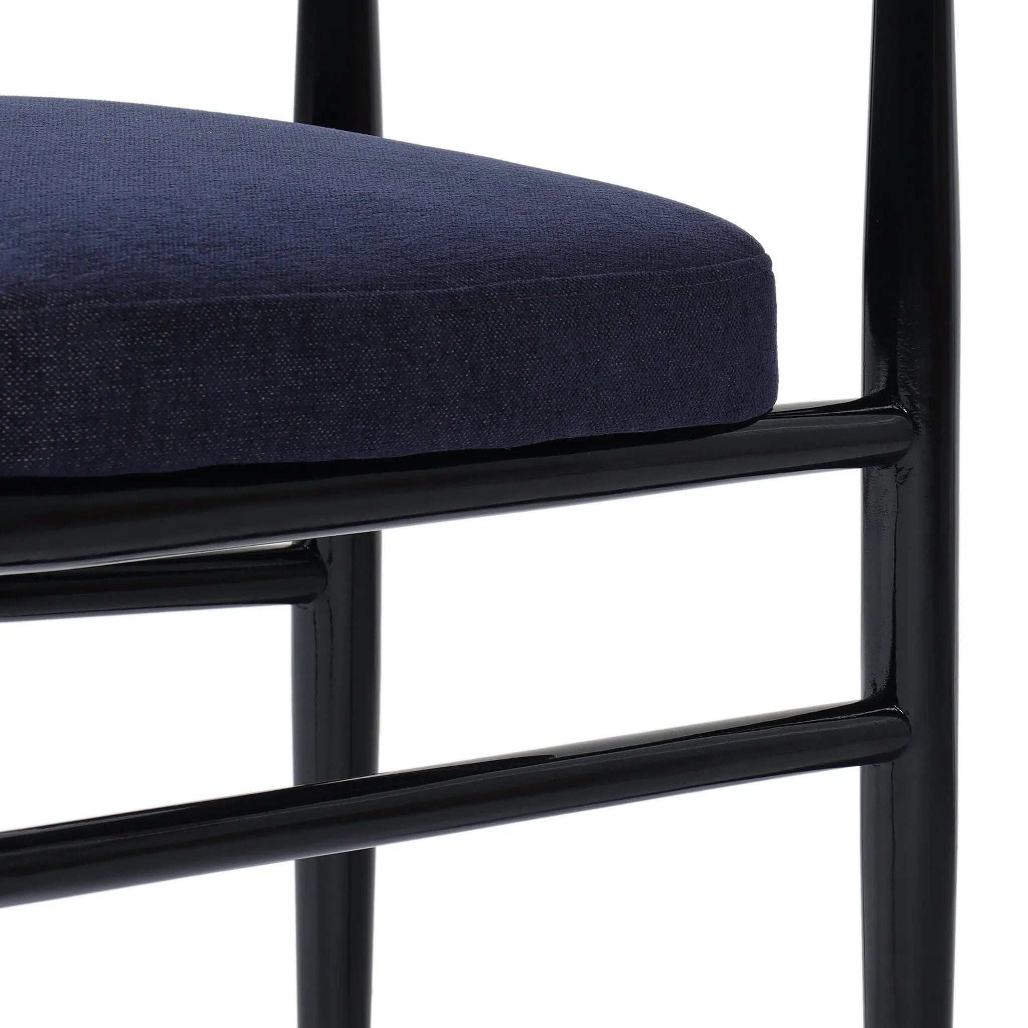 Echoing lacquered seating from another era, this glossy dining chair features mahogany construction, a timeless back, and royal blue upholstery Amethyst Home provides interior design, new home construction design consulting, vintage area rugs, and lighting in the Park City metro area.