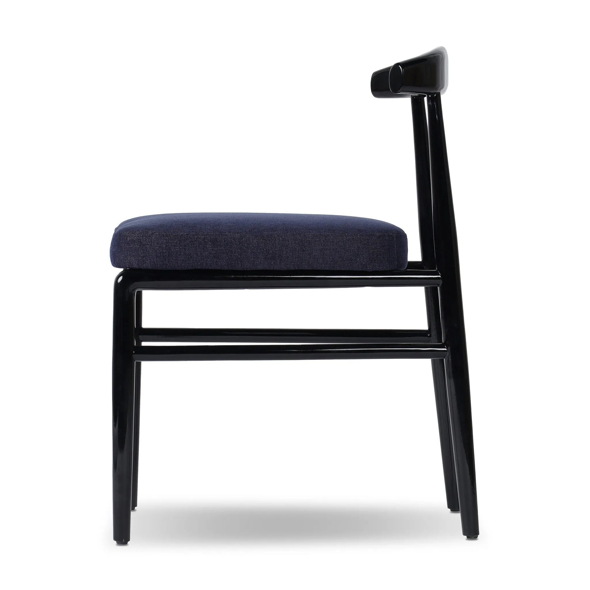 Echoing lacquered seating from another era, this glossy dining chair features mahogany construction, a timeless back, and royal blue upholstery Amethyst Home provides interior design, new home construction design consulting, vintage area rugs, and lighting in the San Diego metro area.