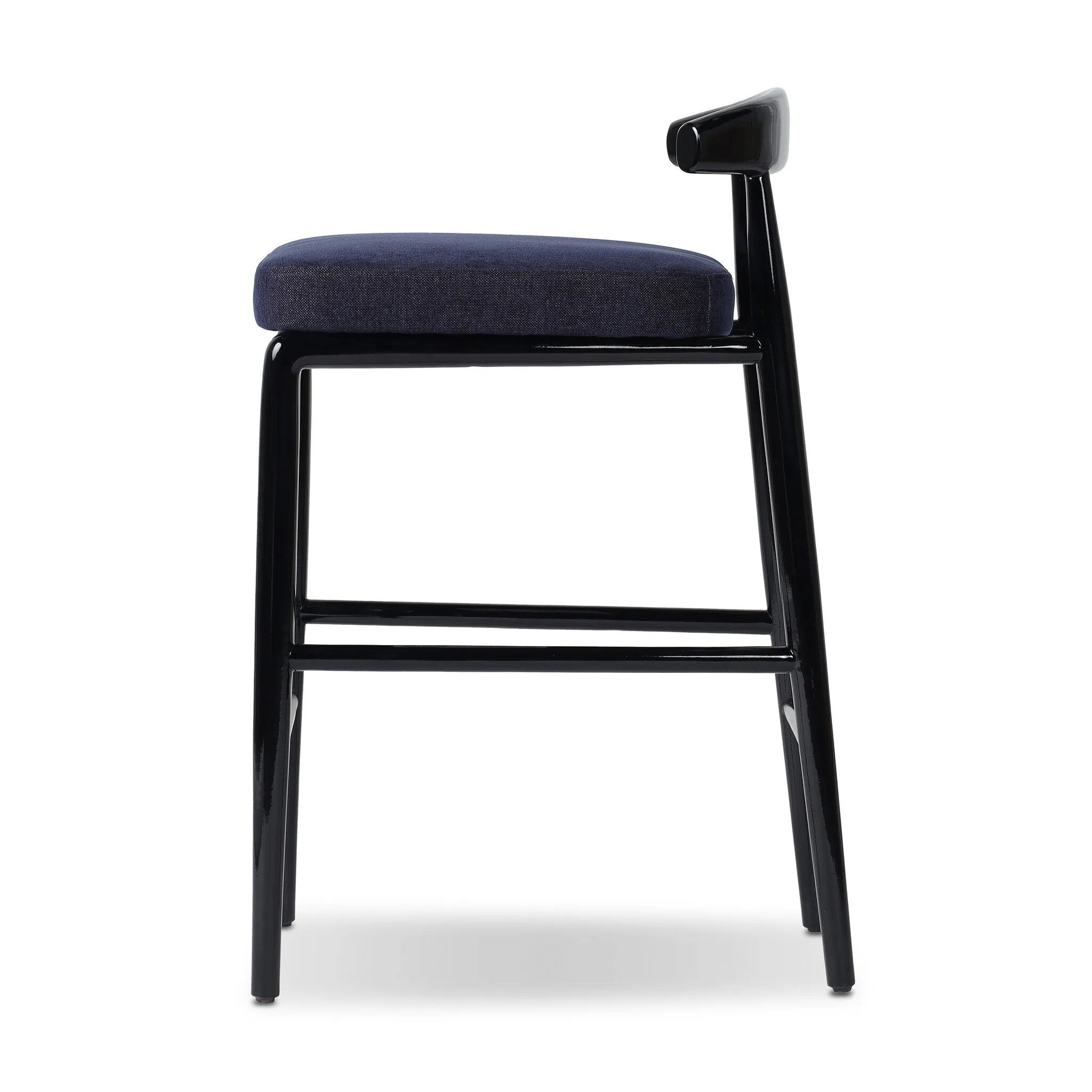 Echoing lacquered seating from another era, this glossy dining chair features mahogany construction, a timeless back, and royal blue upholstery Amethyst Home provides interior design, new home construction design consulting, vintage area rugs, and lighting in the Austin metro area.