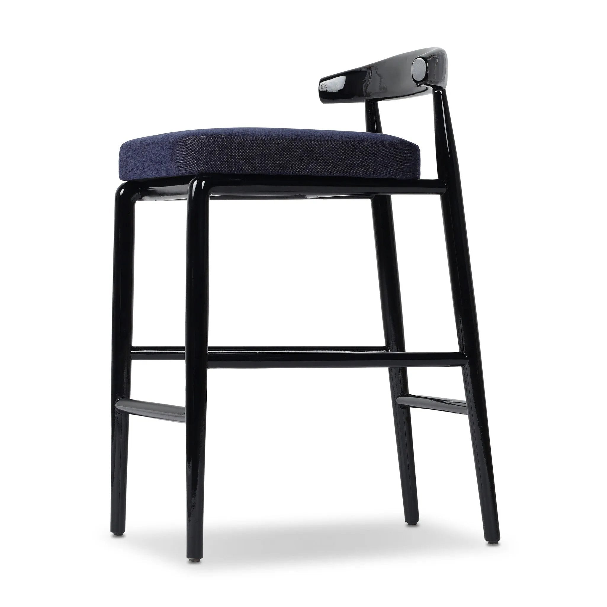 Echoing lacquered seating from another era, this glossy dining chair features mahogany construction, a timeless back, and royal blue upholstery Amethyst Home provides interior design, new home construction design consulting, vintage area rugs, and lighting in the Charlotte metro area.