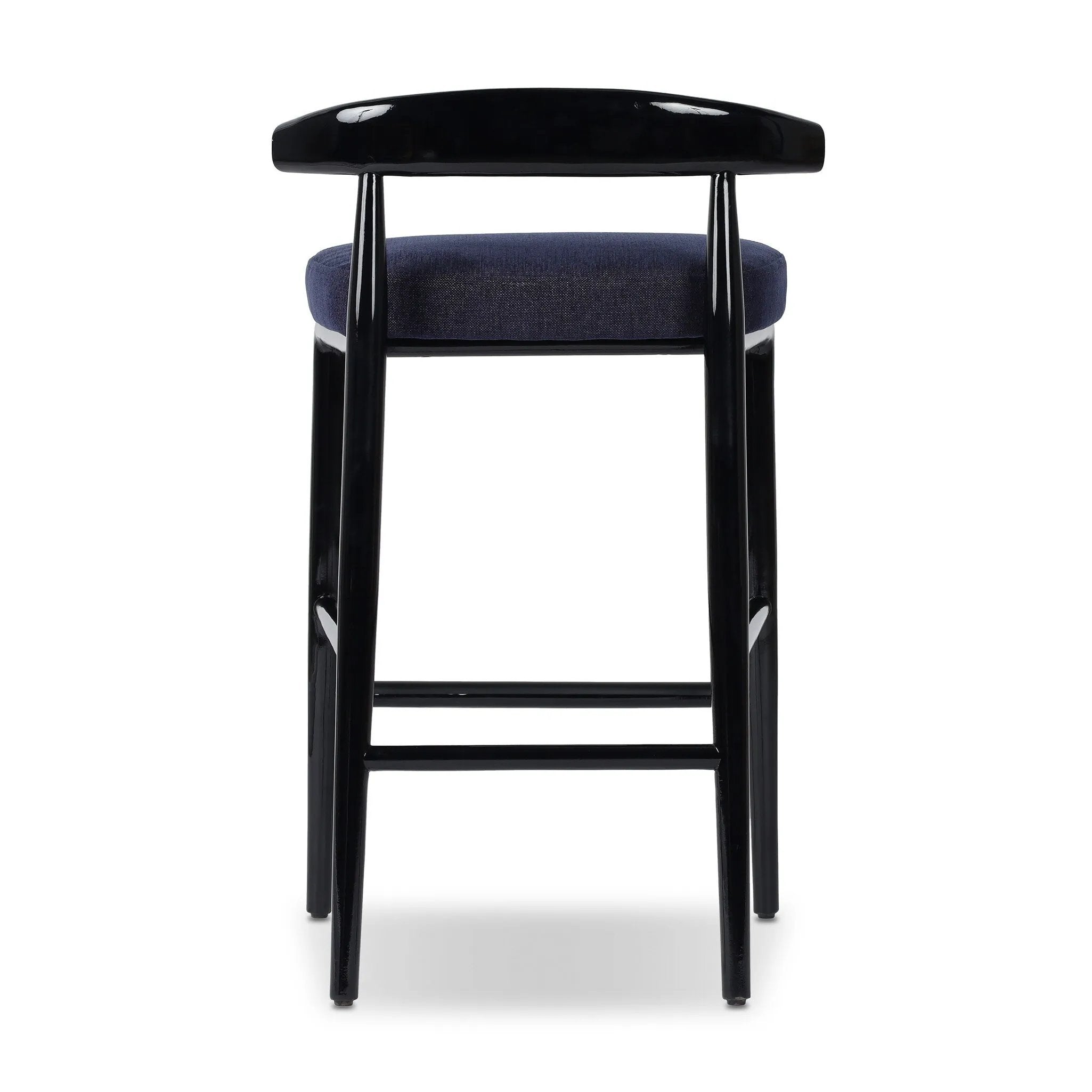 Echoing lacquered seating from another era, this glossy dining chair features mahogany construction, a timeless back, and royal blue upholstery Amethyst Home provides interior design, new home construction design consulting, vintage area rugs, and lighting in the Los Angeles metro area.
