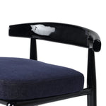 Echoing lacquered seating from another era, this glossy dining chair features mahogany construction, a timeless back, and royal blue upholstery Amethyst Home provides interior design, new home construction design consulting, vintage area rugs, and lighting in the Scottsdale metro area.