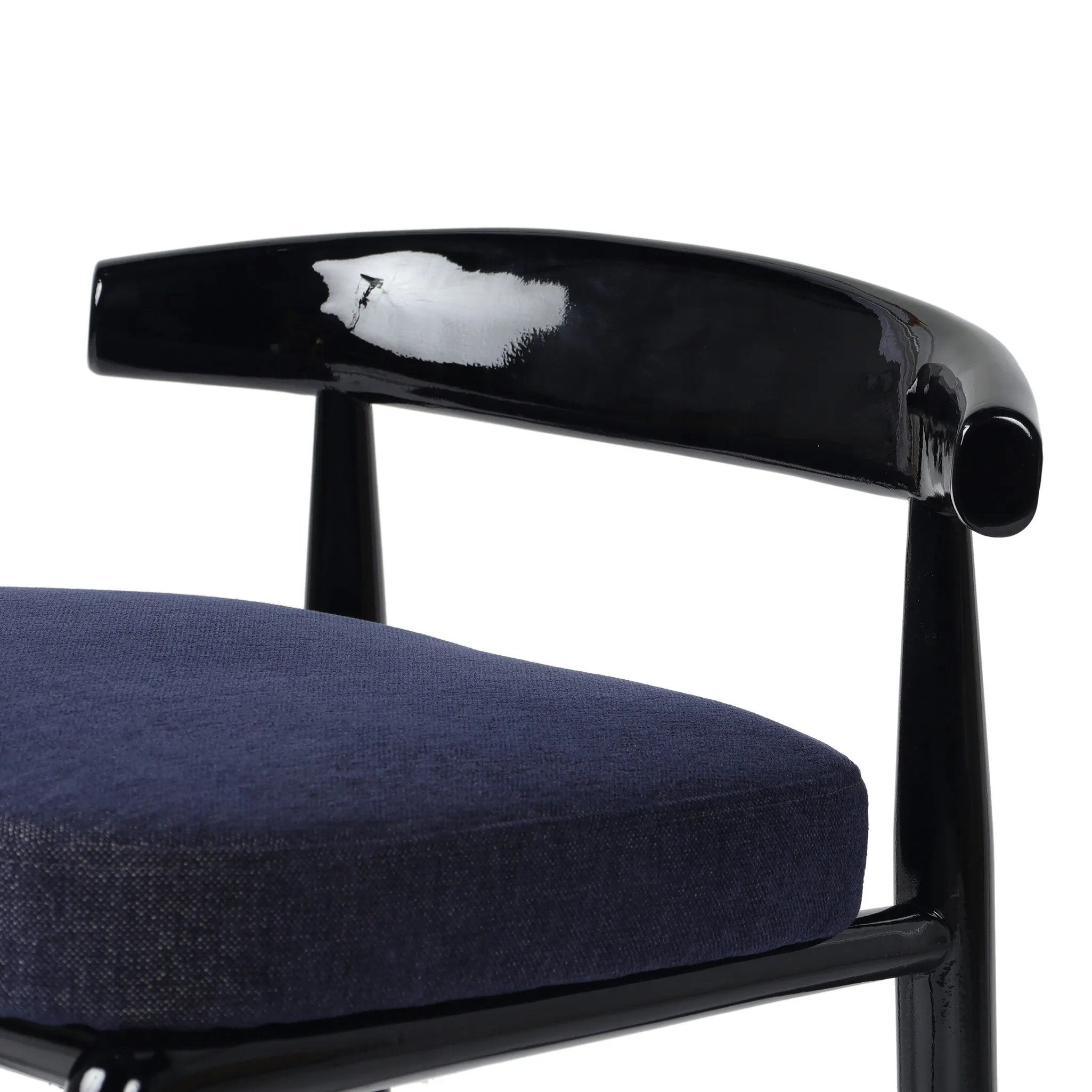 Echoing lacquered seating from another era, this glossy dining chair features mahogany construction, a timeless back, and royal blue upholstery Amethyst Home provides interior design, new home construction design consulting, vintage area rugs, and lighting in the Scottsdale metro area.