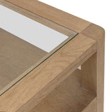 Bring bonus storage and a light look to the living space. Made from sandy oak and clear tempered glass with a single drawer, shelving beneath the glass doubles as a shadowbox or an extra display surface.As lovers of clean materials at Amethyst, we love the designer inspired Shiloh End Table - Tempered Glass. Amethyst Home provides interior design, new home construction design consulting, vintage area rugs, and lighting in the Calabasas metro area.