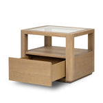 Bring bonus storage and a light look to the living space. Made from sandy oak and clear tempered glass with a single drawer, shelving beneath the glass doubles as a shadowbox or an extra display surface.As lovers of clean materials at Amethyst, we love the designer inspired Shiloh End Table - Tempered Glass. Amethyst Home provides interior design, new home construction design consulting, vintage area rugs, and lighting in the Dallas metro area.