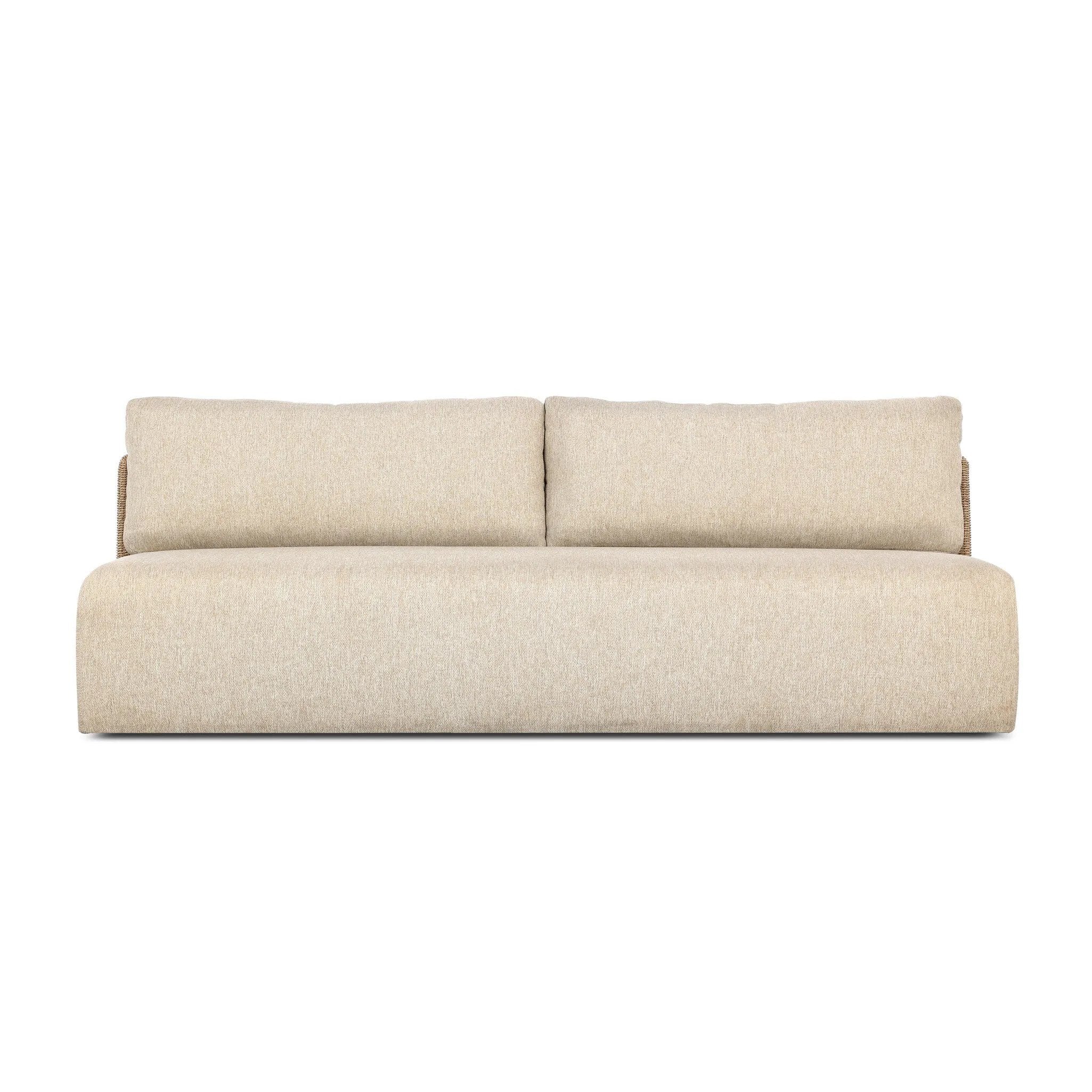 Boldly woven. This modern boxy outdoor sofa takes an angular, inflated silhouette and accents it with a woven back that peeks around a fully cushioned seat. Cover or store indoors during inclement weather and when not in use Amethyst Home provides interior design, new home construction design consulting, vintage area rugs, and lighting in the Austin metro area.