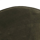 Upholstered in a deep olive velvet and paired with a rich brown base, this rounded ottoman can be placed just about anywhere.