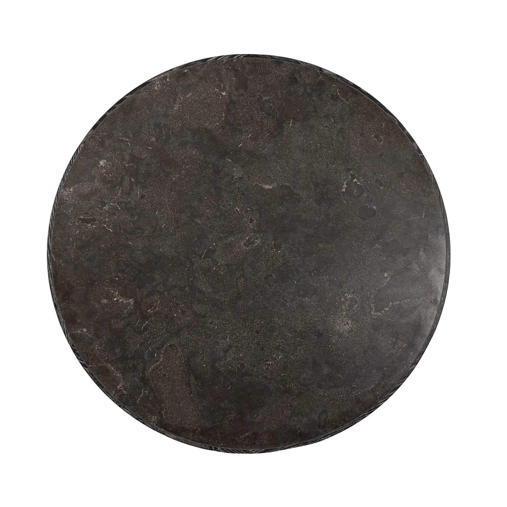 Mixed materials make for great drama. A cone-tapered base of dark oak supports a rounded tabletop of solid bluestone, with oak banding on the edges for thoughtful contrast Amethyst Home provides interior design, new home construction design consulting, vintage area rugs, and lighting in the Park City metro area.