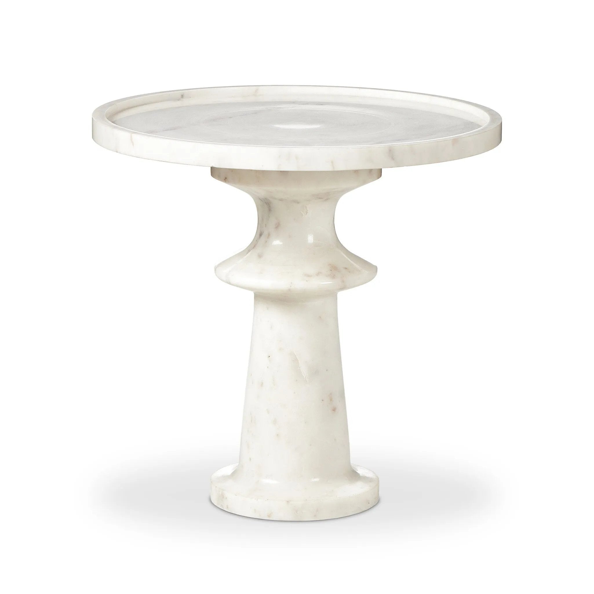 Crafted from solid white marble and shaped into a sculpted silhouette using a lathe. A tray top is perfectly size to keep your favorite drink or book within reach.Collection: Marlo Amethyst Home provides interior design, new home construction design consulting, vintage area rugs, and lighting in the Tampa metro area.