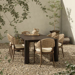 A Parsons-style outdoor dining table is defined by heavy proportions and angled, over-scaled legs. Crafted from bronze finished metal for a material statement. Cover or store indoors during inclement weather and when not in use.As lovers of wabi sabi materials at Amethyst, we love the nature inspired Soho Outdoor Metal Dining Table 86". Amethyst Home provides interior design, new home construction design consulting, vintage area rugs, and lighting in the Los Angeles metro area.