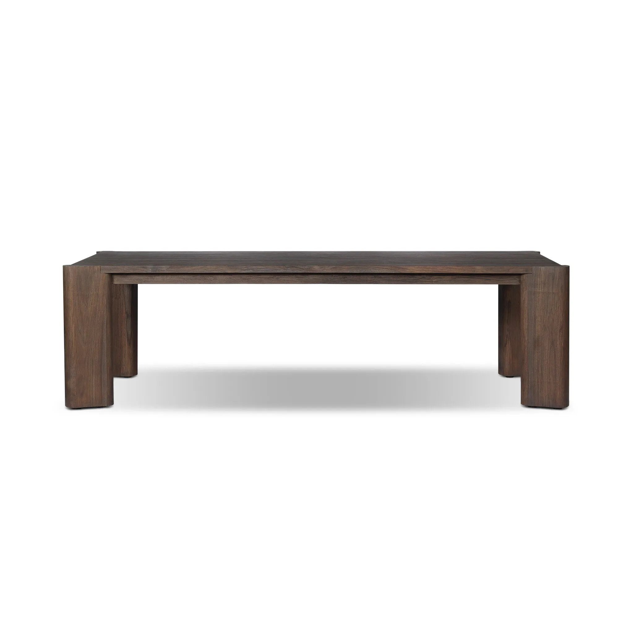This Parsons-style outdoor dining table is defined by heavy proportions and over-scaled angled legs. Crafted from reclaimed wood and finished with a heritage brown stain to showcase natural cracks and patches for added character. Cover or store indoors during inclement weather and when not in use Amethyst Home provides interior design, new home construction design consulting, vintage area rugs, and lighting in the Houston metro area.