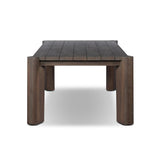 This Parsons-style outdoor dining table is defined by heavy proportions and over-scaled angled legs. Crafted from reclaimed wood and finished with a heritage brown stain to showcase natural cracks and patches for added character. Cover or store indoors during inclement weather and when not in use Amethyst Home provides interior design, new home construction design consulting, vintage area rugs, and lighting in the Kansas City metro area.