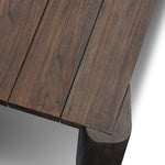 This Parsons-style outdoor dining table is defined by heavy proportions and over-scaled angled legs. Crafted from reclaimed wood and finished with a heritage brown stain to showcase natural cracks and patches for added character. Cover or store indoors during inclement weather and when not in use Amethyst Home provides interior design, new home construction design consulting, vintage area rugs, and lighting in the Miami metro area.