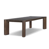 This Parsons-style outdoor dining table is defined by heavy proportions and over-scaled angled legs. Crafted from reclaimed wood and finished with a heritage brown stain to showcase natural cracks and patches for added character. Cover or store indoors during inclement weather and when not in use Amethyst Home provides interior design, new home construction design consulting, vintage area rugs, and lighting in the Nashville metro area.