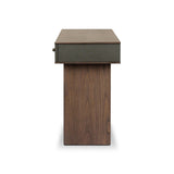 Warm, timeless woods pair with painted linen drawers fronts lacquered in a dark green, for a updated bohemian look. Complete with three drawers for media needs and more.As enthusiasts of modern style at Amethyst, we love the optimistic inspired Soloman Console Table - Stained Saddle Brown Sungkai Veneer. Amethyst Home provides interior design, new home construction design consulting, vintage area rugs, and lighting in the Alpharetta metro area.
