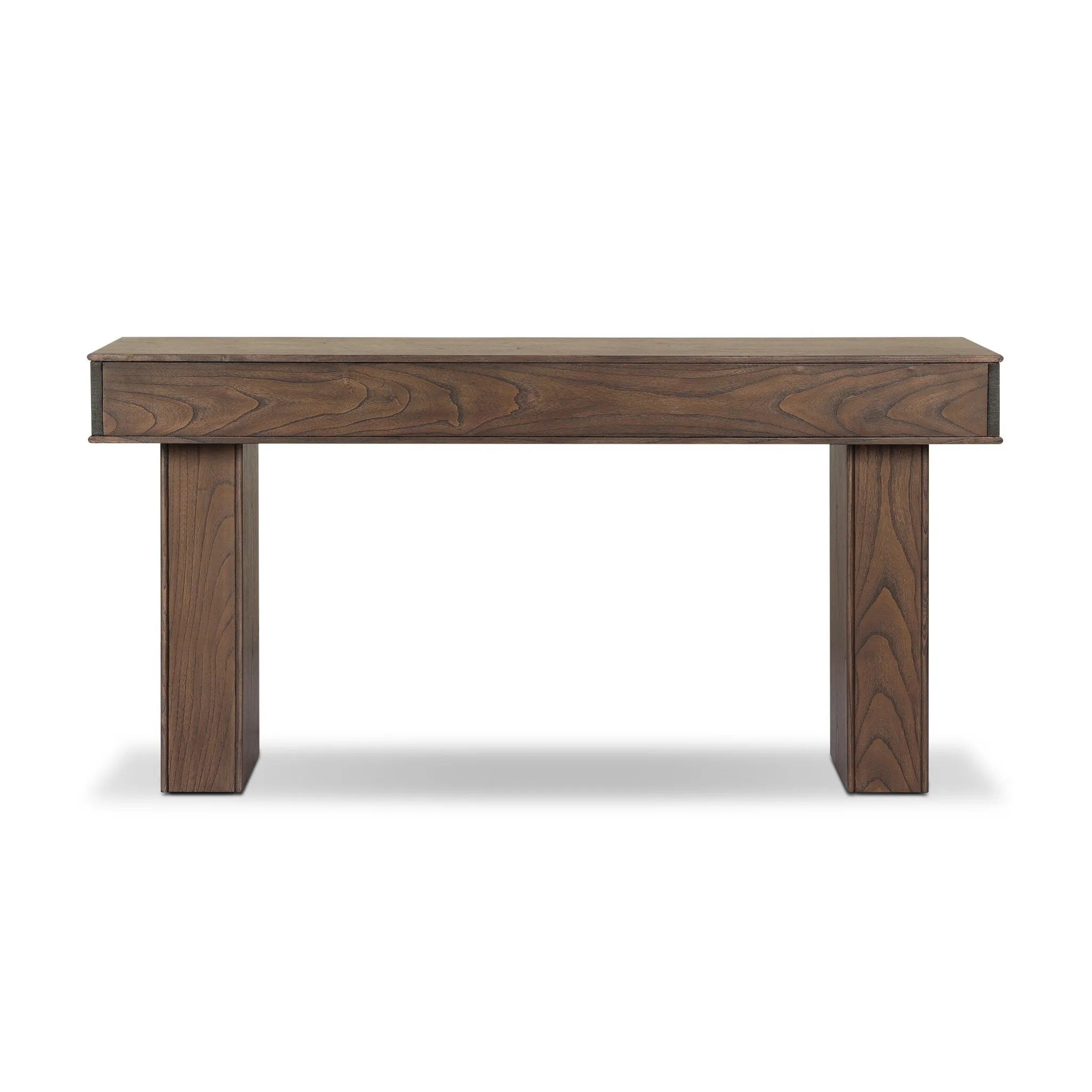 Warm, timeless woods pair with painted linen drawers fronts lacquered in a dark green, for a updated bohemian look. Complete with three drawers for media needs and more.As enthusiasts of modern style at Amethyst, we love the optimistic inspired Soloman Console Table - Stained Saddle Brown Sungkai Veneer. Amethyst Home provides interior design, new home construction design consulting, vintage area rugs, and lighting in the Charlotte metro area.