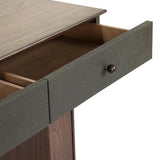 Warm, timeless woods pair with painted linen drawers fronts lacquered in a dark green, for a updated bohemian look. Complete with three drawers for media needs and more.As enthusiasts of modern style at Amethyst, we love the optimistic inspired Soloman Console Table - Stained Saddle Brown Sungkai Veneer. Amethyst Home provides interior design, new home construction design consulting, vintage area rugs, and lighting in the Des Moines metro area.