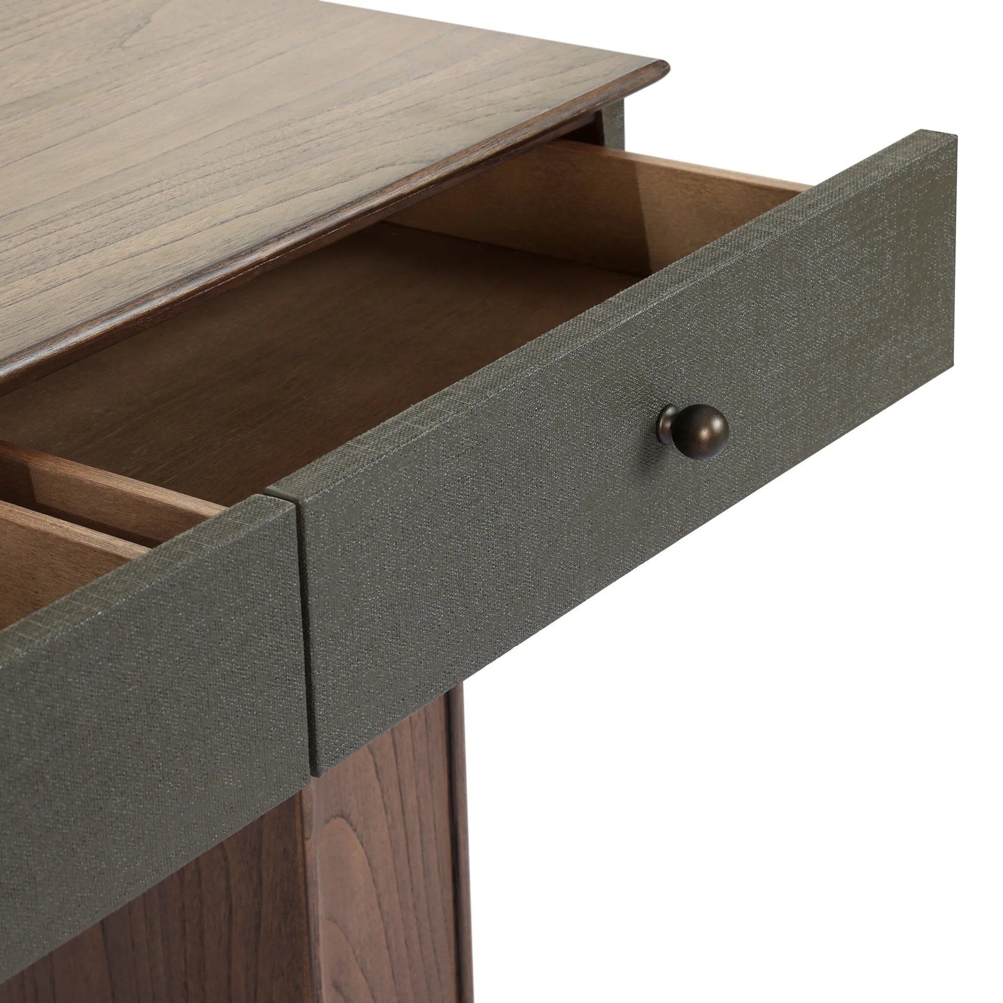 Warm, timeless woods pair with painted linen drawers fronts lacquered in a dark green, for a updated bohemian look. Complete with three drawers for media needs and more.As enthusiasts of modern style at Amethyst, we love the optimistic inspired Soloman Console Table - Stained Saddle Brown Sungkai Veneer. Amethyst Home provides interior design, new home construction design consulting, vintage area rugs, and lighting in the Des Moines metro area.