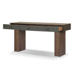 Warm, timeless woods pair with painted linen drawers fronts lacquered in a dark green, for a updated bohemian look. Complete with three drawers for media needs and more.As enthusiasts of modern style at Amethyst, we love the optimistic inspired Soloman Console Table - Stained Saddle Brown Sungkai Veneer. Amethyst Home provides interior design, new home construction design consulting, vintage area rugs, and lighting in the Los Angeles metro area.