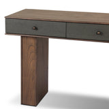 Warm, timeless woods pair with painted linen drawers fronts lacquered in a dark green, for a updated bohemian look. Complete with three drawers for media needs and more.As enthusiasts of modern style at Amethyst, we love the optimistic inspired Soloman Console Table - Stained Saddle Brown Sungkai Veneer. Amethyst Home provides interior design, new home construction design consulting, vintage area rugs, and lighting in the Monterey metro area.
