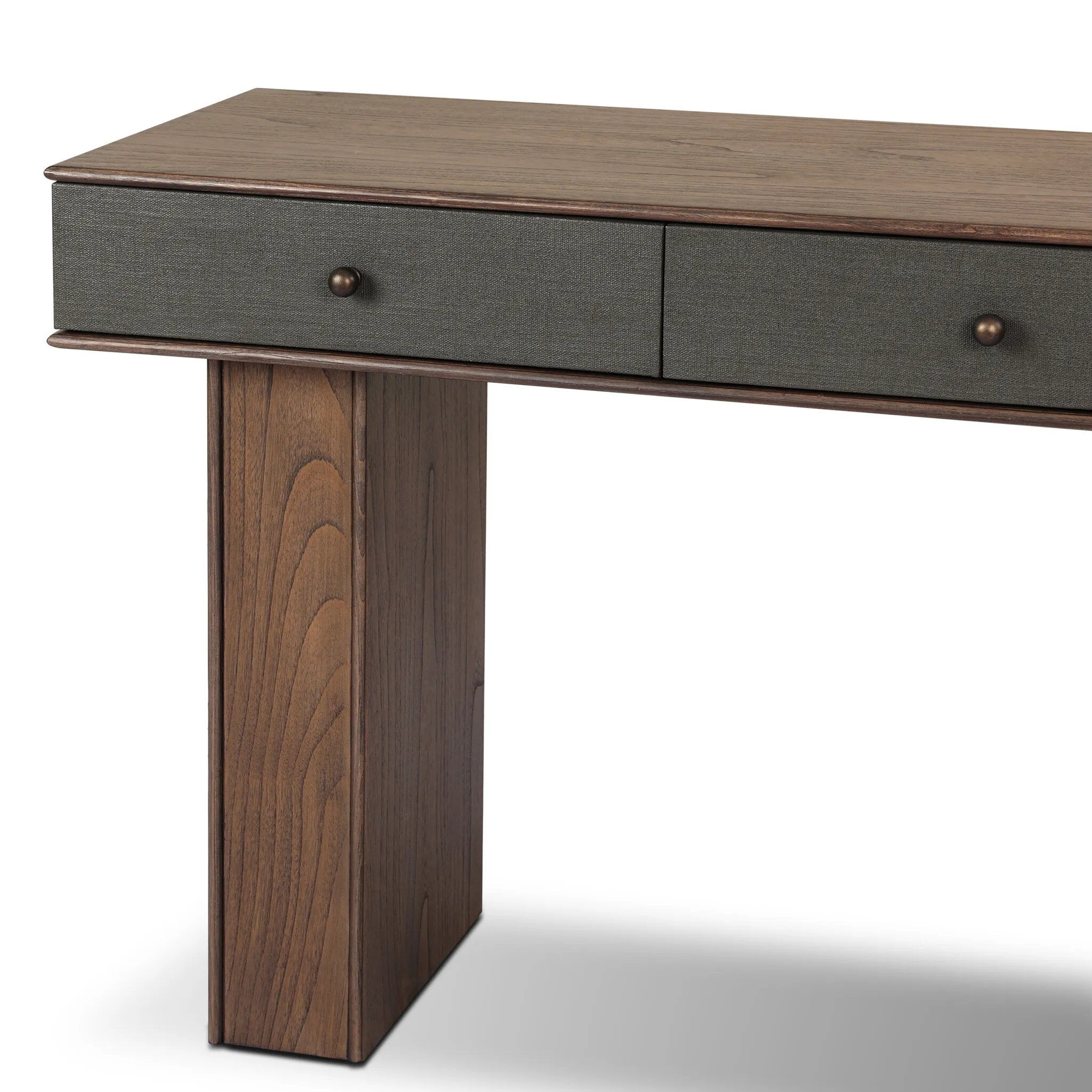 Warm, timeless woods pair with painted linen drawers fronts lacquered in a dark green, for a updated bohemian look. Complete with three drawers for media needs and more.As enthusiasts of modern style at Amethyst, we love the optimistic inspired Soloman Console Table - Stained Saddle Brown Sungkai Veneer. Amethyst Home provides interior design, new home construction design consulting, vintage area rugs, and lighting in the Monterey metro area.