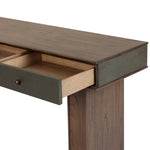 Warm, timeless woods pair with painted linen drawers fronts lacquered in a dark green, for a updated bohemian look. Complete with three drawers for media needs and more.As enthusiasts of modern style at Amethyst, we love the optimistic inspired Soloman Console Table - Stained Saddle Brown Sungkai Veneer. Amethyst Home provides interior design, new home construction design consulting, vintage area rugs, and lighting in the Nashville metro area.