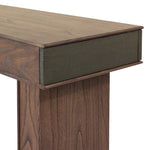 Warm, timeless woods pair with painted linen drawers fronts lacquered in a dark green, for a updated bohemian look. Complete with three drawers for media needs and more.As enthusiasts of modern style at Amethyst, we love the optimistic inspired Soloman Console Table - Stained Saddle Brown Sungkai Veneer. Amethyst Home provides interior design, new home construction design consulting, vintage area rugs, and lighting in the Winter Garden metro area.