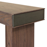Warm, timeless woods pair with painted linen drawers fronts lacquered in a dark green, for a updated bohemian look. Complete with three drawers for media needs and more.As enthusiasts of modern style at Amethyst, we love the optimistic inspired Soloman Console Table - Stained Saddle Brown Sungkai Veneer. Amethyst Home provides interior design, new home construction design consulting, vintage area rugs, and lighting in the Winter Garden metro area.