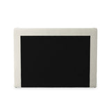 A shorter wingspan and geometric cutouts define this modern-day shelter wingback bed, designed for comfort from every angle. Upholstered in a cream fabric with subtle texture and a soft hand Amethyst Home provides interior design, new home construction design consulting, vintage area rugs, and lighting in the Nashville metro area.