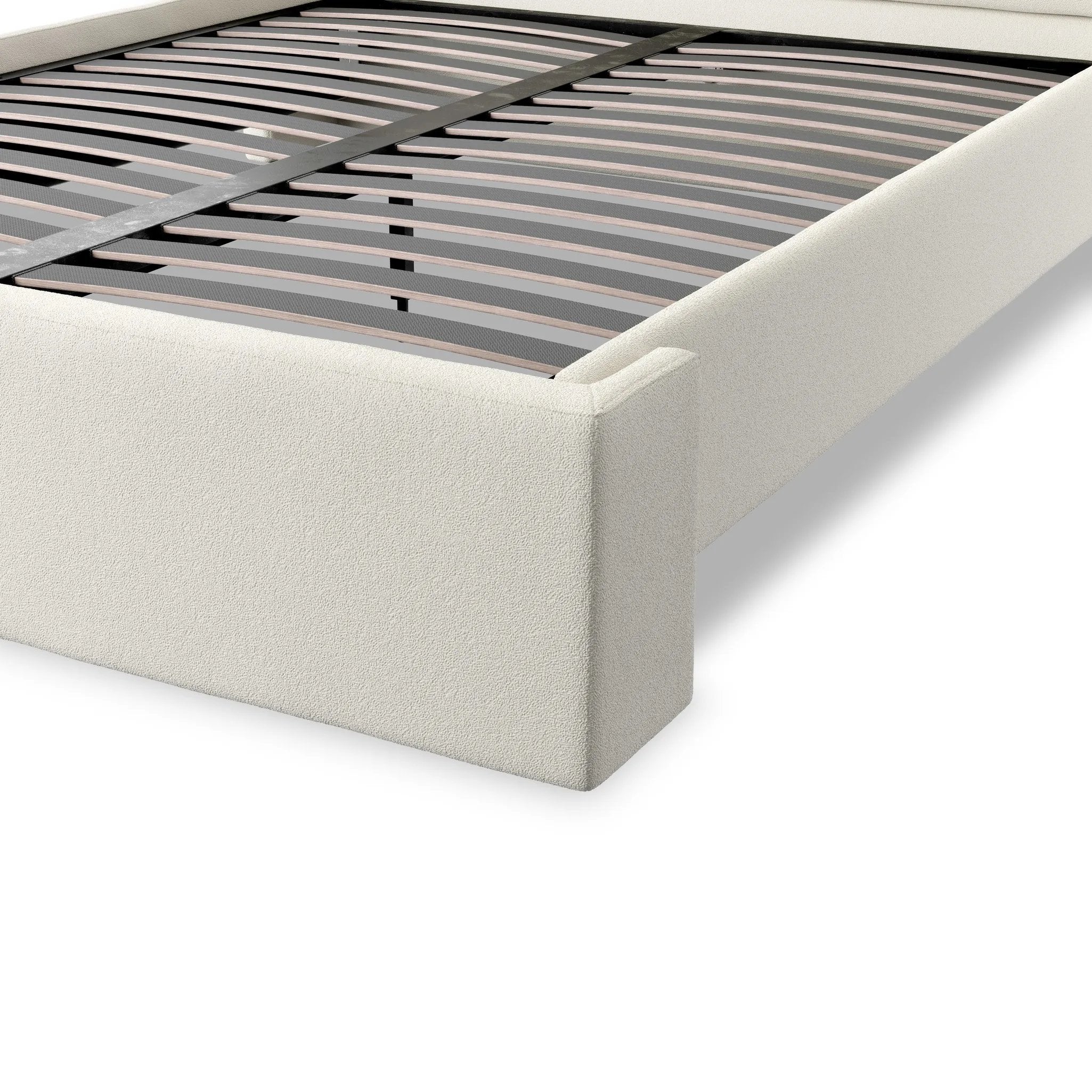 A shorter wingspan and geometric cutouts define this modern-day shelter wingback bed, designed for comfort from every angle. Upholstered in a cream fabric with subtle texture and a soft hand Amethyst Home provides interior design, new home construction design consulting, vintage area rugs, and lighting in the Newport Beach metro area.