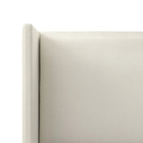 A shorter wingspan and geometric cutouts define this modern-day shelter wingback bed, designed for comfort from every angle. Upholstered in a cream fabric with subtle texture and a soft hand Amethyst Home provides interior design, new home construction design consulting, vintage area rugs, and lighting in the San Diego metro area.