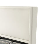 A shorter wingspan and geometric cutouts define this modern-day shelter wingback bed, designed for comfort from every angle. Upholstered in a cream fabric with subtle texture and a soft hand Amethyst Home provides interior design, new home construction design consulting, vintage area rugs, and lighting in the Scottsdale metro area.