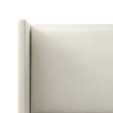 A shorter wingspan and geometric cutouts define this modern-day shelter wingback bed, designed for comfort from every angle. Upholstered in a cream fabric with subtle texture and a soft hand Amethyst Home provides interior design, new home construction design consulting, vintage area rugs, and lighting in the Seattle metro area.