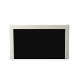 A shorter wingspan and geometric cutouts define this modern-day shelter wingback bed, designed for comfort from every angle. Upholstered in a cream fabric with subtle texture and a soft hand Amethyst Home provides interior design, new home construction design consulting, vintage area rugs, and lighting in the Winter Garden metro area.