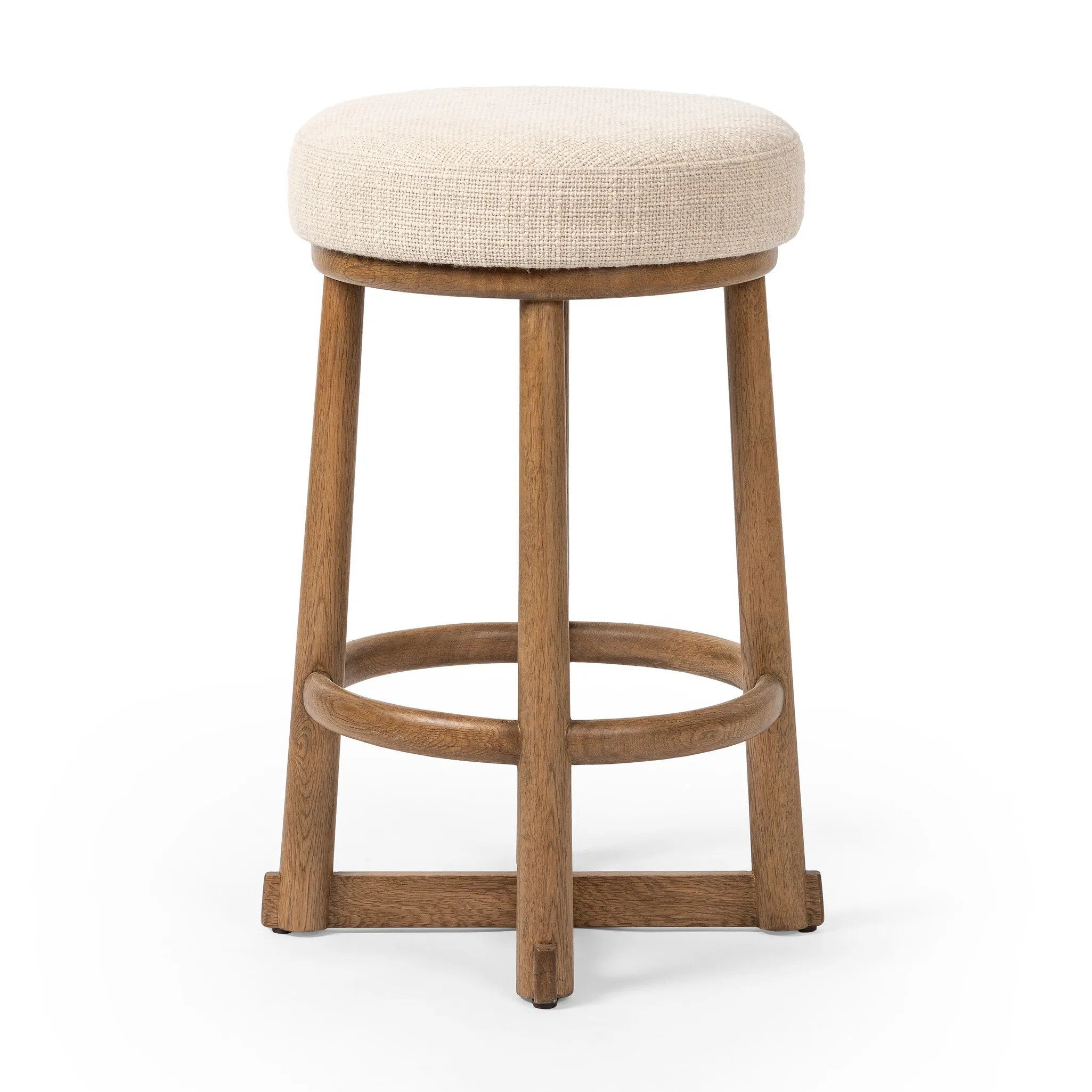 Featuring Staria Saxon Sand Swivel Stool by Four Hands at Amethyst Home. Perfectly sized for the counter, a 360-degree swivel stool pairs a warm oak frame with sand seating in a chunky basketweave. Tapered legs meet a crossed base ties it all together. Overall Dimensions: 18.25"w x 18.25"d x 27.50"h. Amethyst Home provides interior design, new home construction design consulting, vintage area rugs, and lighting in the Portland metro area.